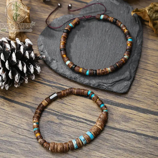 Deux bracelets extensibles en perles de bois rétro bohème modèles 1 et 2 rondelles brun turquoise sur ardoise et bois