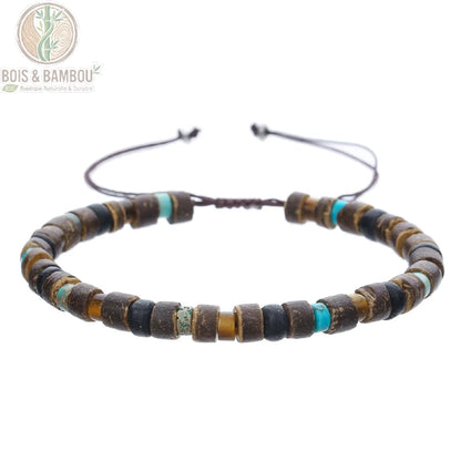 Bracelet extensible perles de bois rétro bohème modèle 1 rondelles brun noir turquoise ambre cordon ajustable fond blanc
