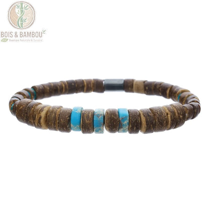 Bracelet extensible perles de bois rétro bohème modèle 2 rondelles brun foncé accent turquoise fermoir magnétique fond blanc