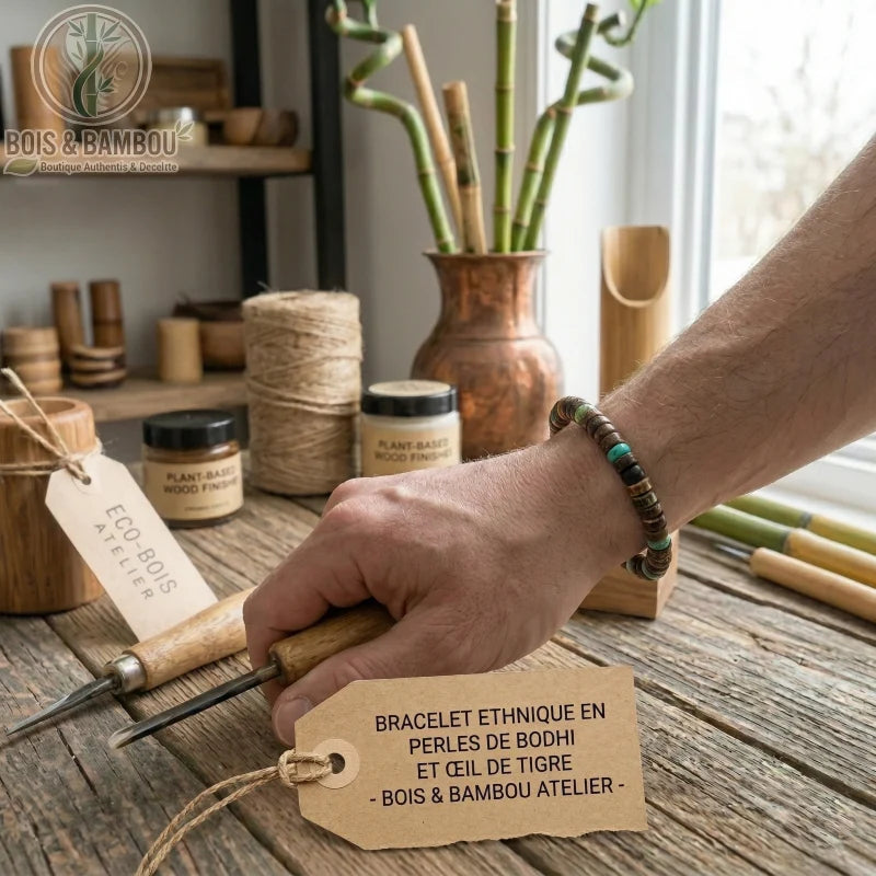 Bracelet extensible en perles de bois porté par un artisan utilisant un ciseau à bois dans un atelier de menuiserie.