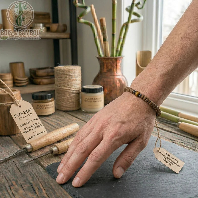 Bracelet homme en noix de coco naturelle et pierres d'énergie porté au poignet dans un atelier d'artisanat bois.