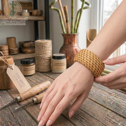 Bracelet large en bambou et rotin tressé porté au poignet, présenté dans un atelier artisanal avec des outils de sculpture et un décor naturel.