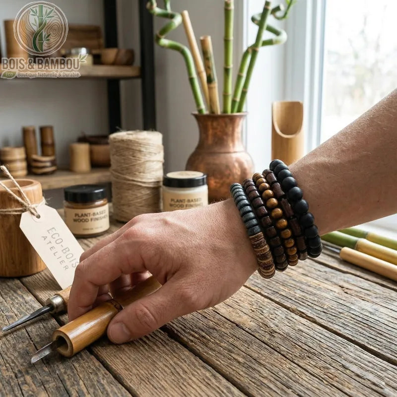 Bracelets tressés en cuir et perles de bois portés au poignet dans un atelier d'artisanat avec outils de menuiserie.