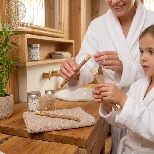 Brosse à Dents Miswak à la Menthe tenue par une mère et sa fille dans une salle de bain naturelle en bois. Hygiène dentaire écologique, zéro déchet et brossage naturel au siwak.