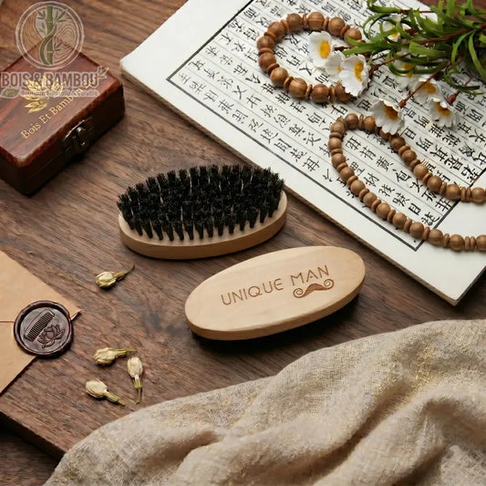 Brosse à barbe en poils de sanglier "Unique Man" en bois clair. Présentée sur une table boisée avec calligraphie, perles et fleurs blanches. Accessoire de soin naturel pour homme.