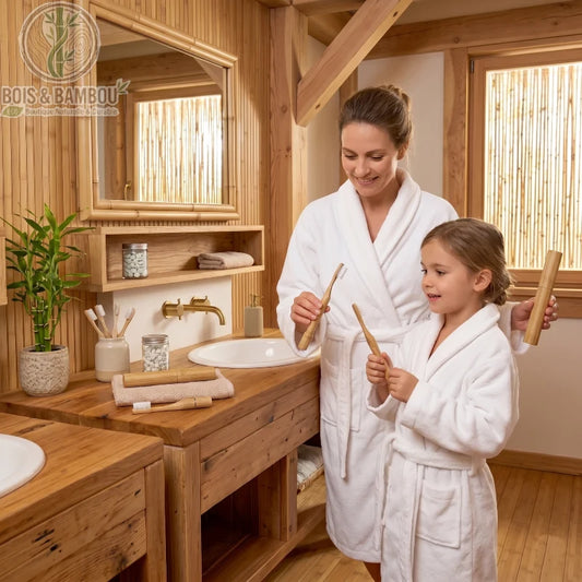 Brosse à dents en bambou avec tube de transport. Femme et enfant en peignoir tenant des brosses et étuis en bambou dans une salle de bain en bois assortie. Hygiène zéro déchet.