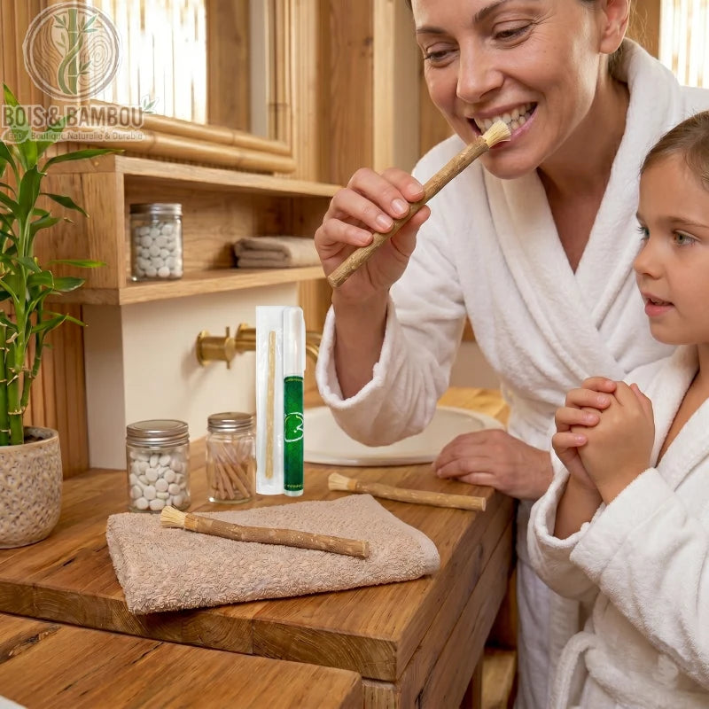 Brosse à dents naturelle Miswak utilisée par une femme en peignoir blanc. Racine de siwak traditionnelle pour un brossage écologique et naturel dans une salle de bain en bois.