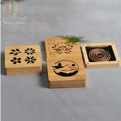 Brûleur d'encens bambou carré, trois modèles : sakura, lotus calligraphié, grue au clair de lune