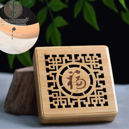 Brûleur encens bambou carré motif idéogramme Fu prospérité, encadrement géométrique chinois