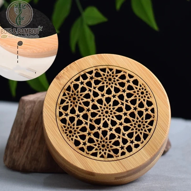 Brûleur encens bambou rond motif étoile géométrique, découpe symétrique fine