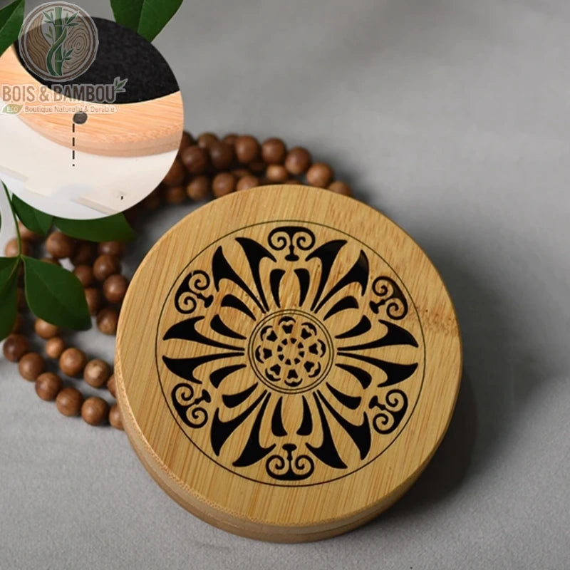 Brûleur encens bambou rond motif fleur solaire baroque, gravure artisanale orientale