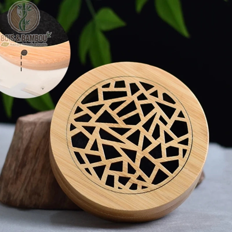 Brûleur encens bambou rond motif brisé géométrique, découpe angulaire moderne sur bambou