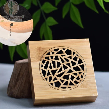 Brûleur encens bambou carré motif brisé géométrique carré, fond feutrine intégré