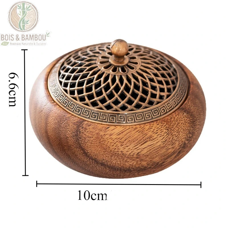 Bruleur encens noyer massif rond dimensions 10 cm diametre 6,6 cm hauteur