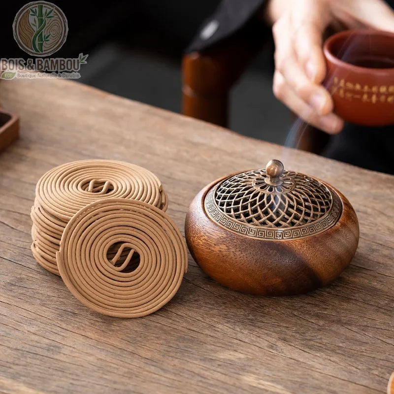 Bruleur encens bois noyer massif ferme pose table ceremonie the style zen
