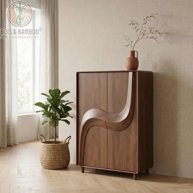 Buffet en noyer massif design dans un salon contemporain avec vase céramique et branche séchée
