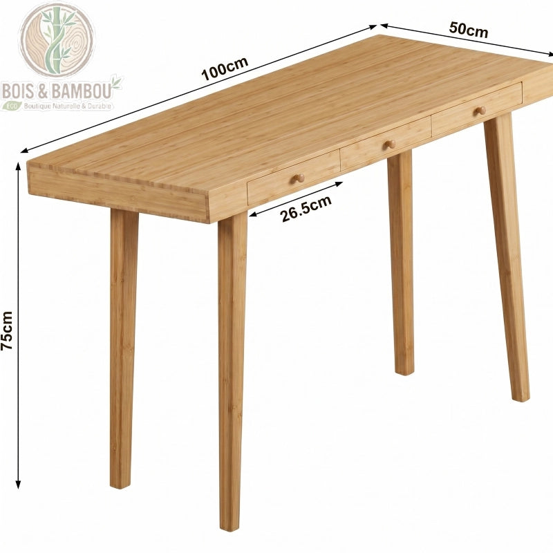 Bureau En Bambou Scandinave dimensions. Infographie d'un bureau en bambou aux lignes épurées avec ses mesures : 100 cm de longueur, 50 cm de profondeur et 75 cm de hauteur.