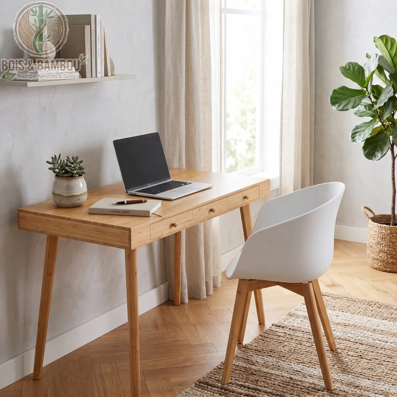 Bureau En Bambou Scandinave. Bureau minimaliste en bambou avec tiroirs et chaise blanche design, installé dans un espace de travail lumineux et épuré au style nordique.