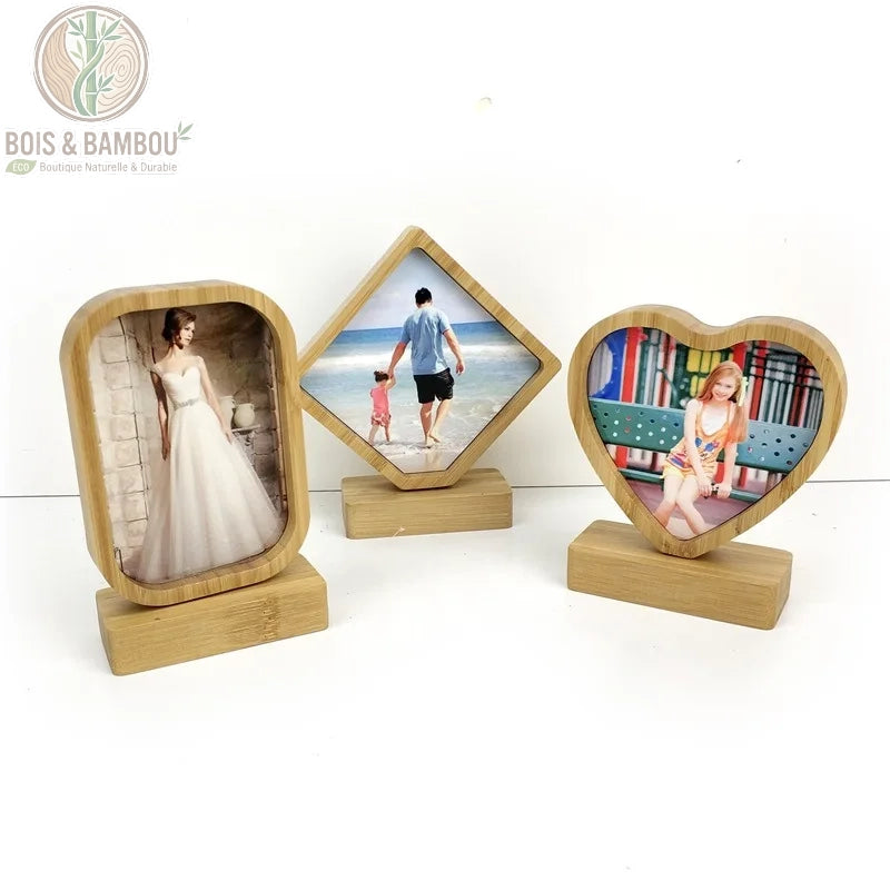 Cadre photo en bambou sublimable disponible en plusieurs formes géométriques et romantiques, incluant des modèles rectangulaires arrondis, en losange et en cœur.