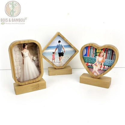 Cadre photo en bambou sublimable disponible en plusieurs formes géométriques et romantiques, incluant des modèles rectangulaires arrondis, en losange et en cœur.