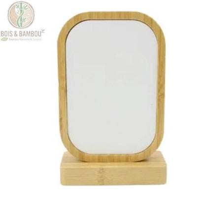 Cadre photo bambou sublimable forme rectangle arrondi sur socle, surface blanche vierge