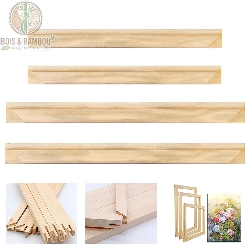 Détail baguettes châssis toile bois pin naturel assemblage biseau multi-formats