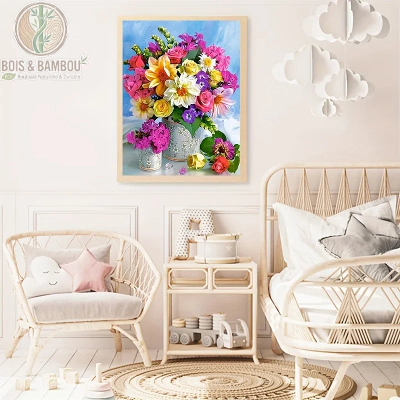 Châssis toile bois naturel monté avec toile florale décoration murale chambre