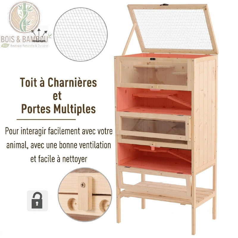 Cage à hamster toit à charnières et portes multiples avec loquets bois