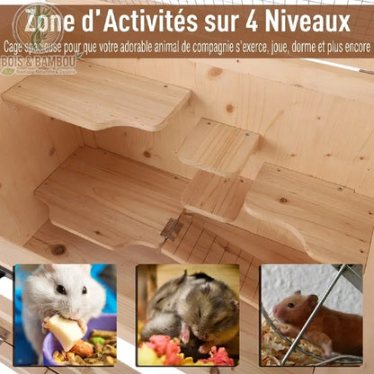 Zone d'activités sur 4 niveaux d'une cage à hamster en bois