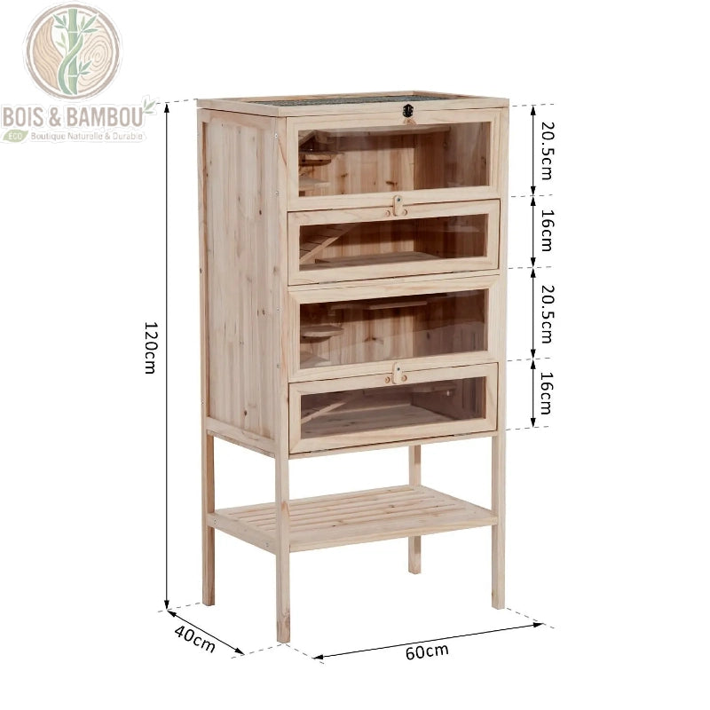 Dimensions de la cage à hamster bois 120 cm sur pieds