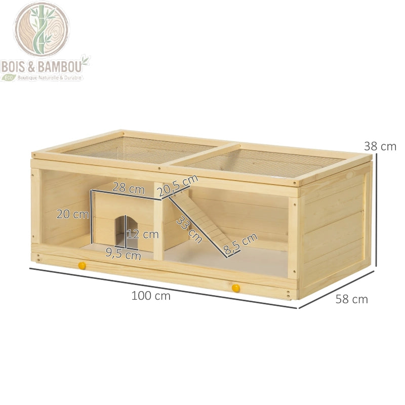 Cage à hamster bois de sapin dimensions 100 x 58 x 38 cm avec cabane et rampe