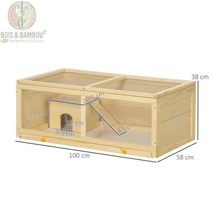 Cage à hamster bois de sapin dimensions 100 x 58 x 38 cm avec cabane et rampe