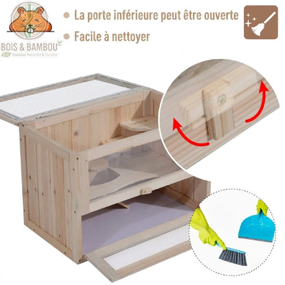 Cage à hamster bois de sapin porte inférieure façade ouverte pour nettoyage
