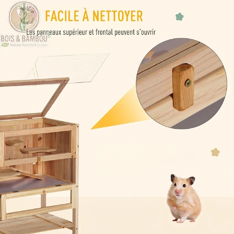 Cage à hamster bois de sapin panneaux supérieur et frontal ouvrants loquet bois