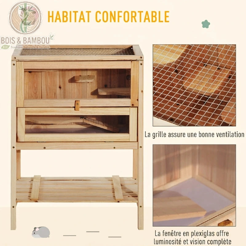 Cage à hamster bois de sapin toit grillagé et fenêtre plexiglas