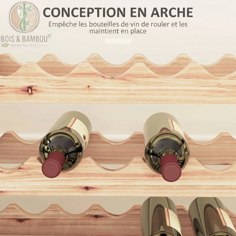 Casier a Vin en Bois de Sapin descriptif. Gros plan sur la conception en arche d'un casier en sapin, stabilisant parfaitement les bouteilles de vin pour les empêcher de rouler sur les étagères.