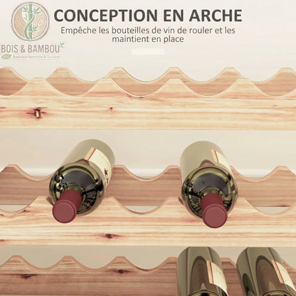 Casier a Vin en Bois de Sapin descriptif. Gros plan sur la conception en arche d'un casier en sapin, stabilisant parfaitement les bouteilles de vin pour les empêcher de rouler sur les étagères.