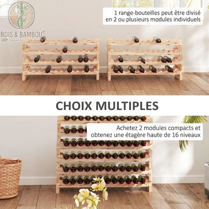 Casier a Vin en Bois de Sapin mode. Infographie montrant la modularité du casier en sapin, pouvant être divisé en modules individuels ou empilé pour créer une grande étagère de stockage de vin.