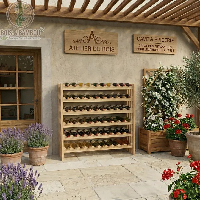 Casier à Vin en Bois de Sapin : grand support modulaire en bois massif pour bouteilles de vin. Design empilable et naturel avec encoches ondulées pour une conservation optimale sur une terrasse fleurie .