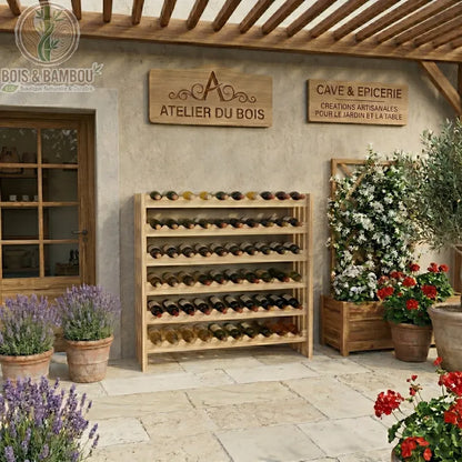 Casier à Vin en Bois de Sapin : grand support modulaire en bois massif pour bouteilles de vin. Design empilable et naturel avec encoches ondulées pour une conservation optimale sur une terrasse fleurie .