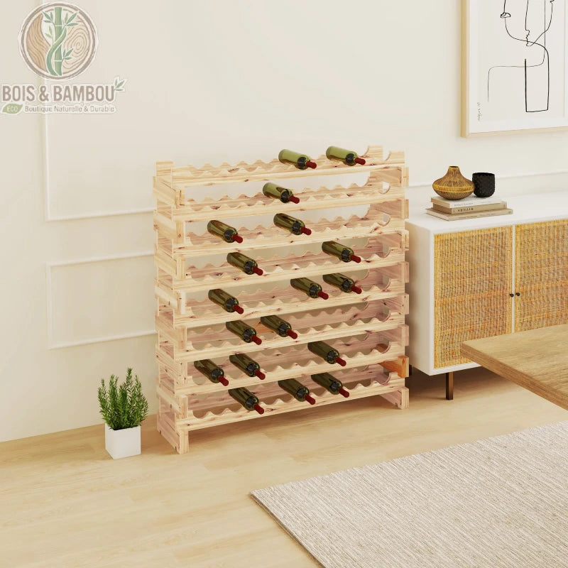 Casier à Vin en Bois de Sapin : grand support modulaire en bois massif pour bouteilles de vin. Design empilable et naturel avec encoches ondulées pour une conservation optimale.