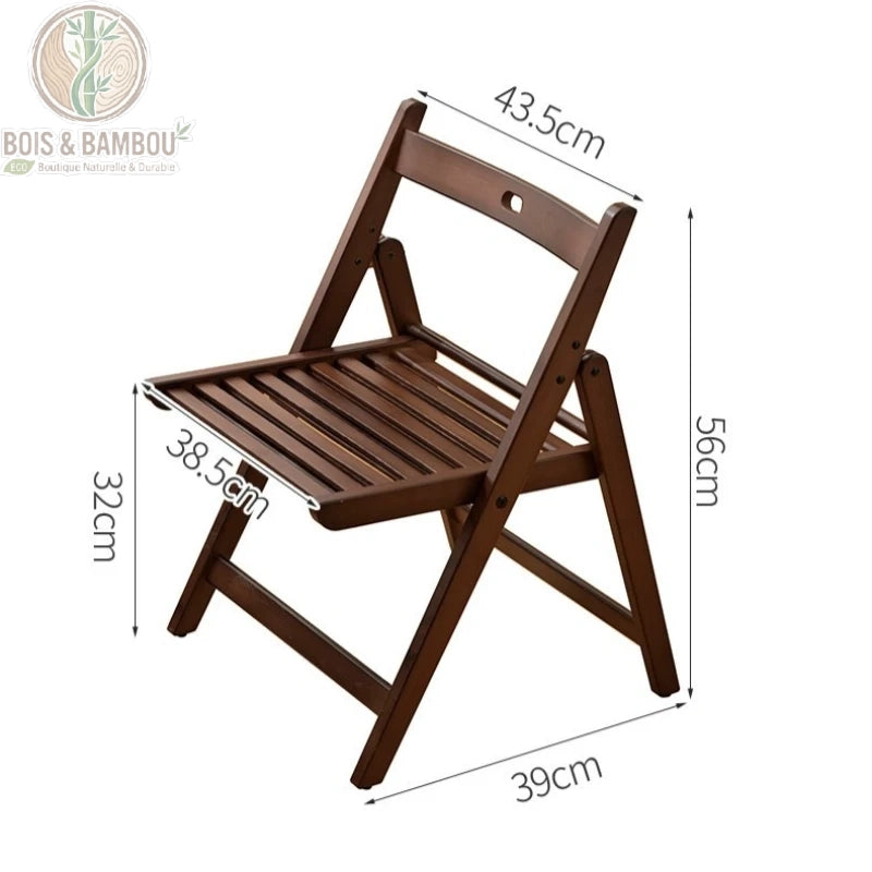 Chaise En Bambou Ilyan Pliante dimension. Infographie d'une chaise pliante marron avec ses mesures : hauteur totale 56 cm, largeur 43,5 cm, profondeur 39 cm et assise à 32 cm du sol.