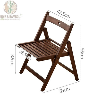 Chaise En Bambou Ilyan Pliante dimension. Infographie d'une chaise pliante marron avec ses mesures : hauteur totale 56 cm, largeur 43,5 cm, profondeur 39 cm et assise à 32 cm du sol.
