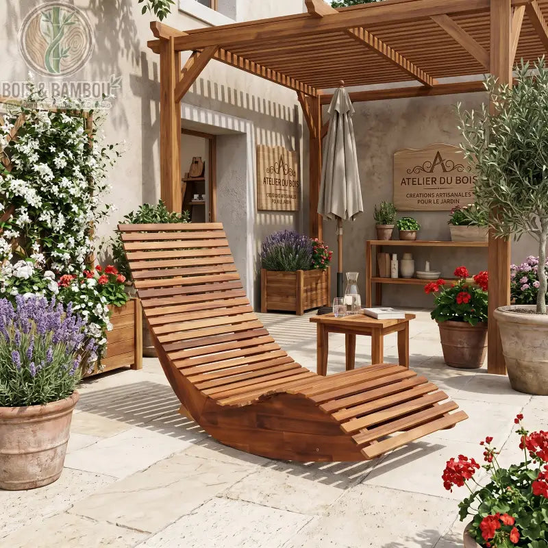Chaise Longue à Bascule en Acacia. Un bain de soleil ergonomique en lattes de bois d'acacia brun, présentant une forme incurvée élégante pour un balancement relaxant sur fond blanc sur une terrasse fleurie 