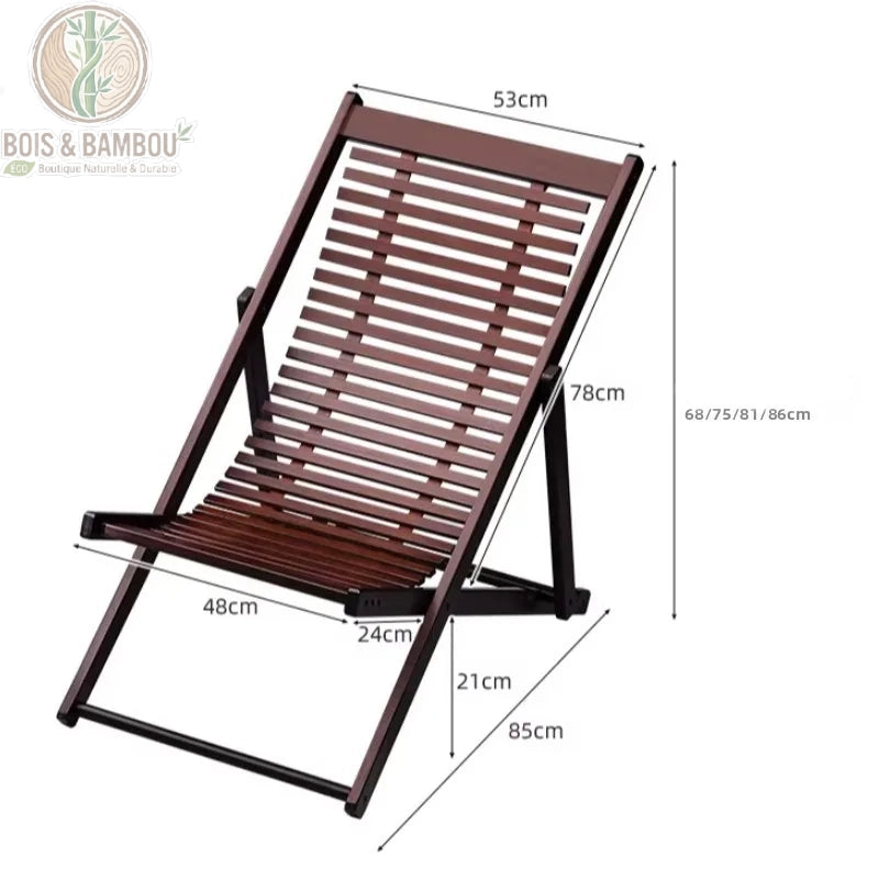 Chaise Longue en Bambou dimension. Schéma technique d'une chaise pliante en bambou foncé avec ses mesures détaillées de face et de profil, incluant une hauteur réglable de 68 à 86 cm.