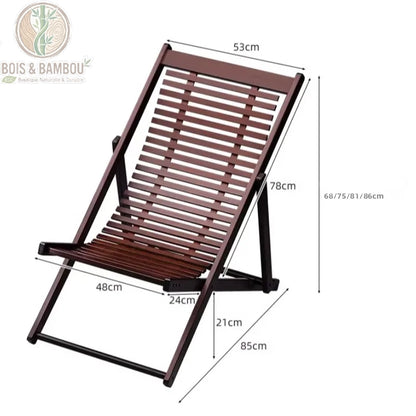 Chaise Longue en Bambou dimension. Schéma technique d'une chaise pliante en bambou foncé avec ses mesures détaillées de face et de profil, incluant une hauteur réglable de 68 à 86 cm.
