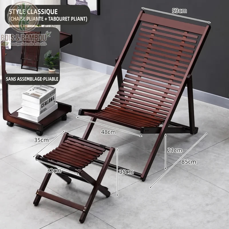 Chaise Longue en Bambou modele. Ensemble classique comprenant une chaise longue pliante et son tabouret assorti en bambou teinté sombre, avec toutes les dimensions détaillées.