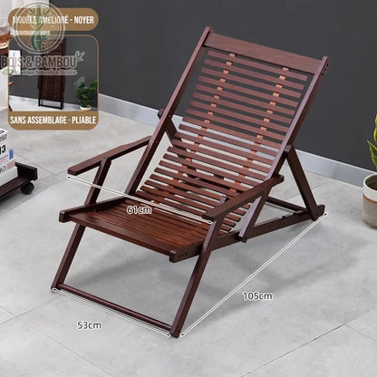 Chaise Longue en Bambou modele6. Une chaise longue pliante en bambou foncé avec accoudoirs, montrant ses dimensions (61x105 cm) et incluant une vignette du modèle plié sans assemblage.