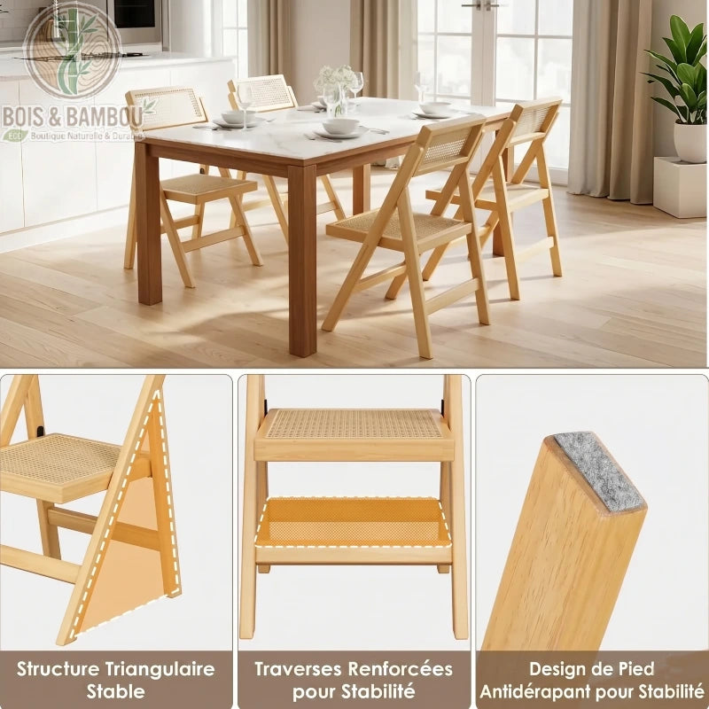 Chaise Pliante en Rotin descriptif. Infographie d'une chaise pliante en rotin et bois, montrant une table de salle à manger et trois zooms sur la structure stable, les traverses renforcées et le pied antidérapant.