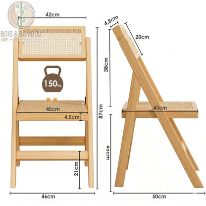 Chaise Pliante en Rotin dimension. Schéma technique d'une chaise pliante en bois et rotin avec ses mesures détaillées de face et de profil, et une capacité de charge maximale de 150 kg.
